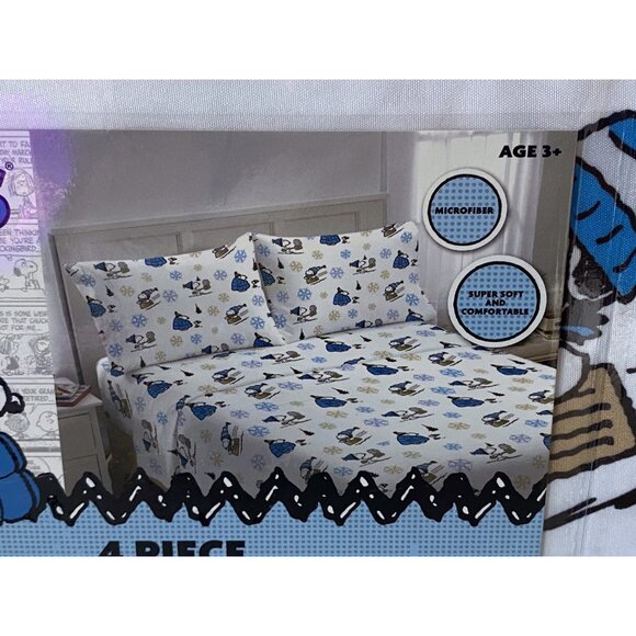 Peanuts Snoopy Puffy Coat FULL SIZE Sheet Set Christmas Puffer Jacket White Blue - Picture 2 of 13